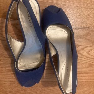 Tahari Navy Blue Peep Toe Wedges
